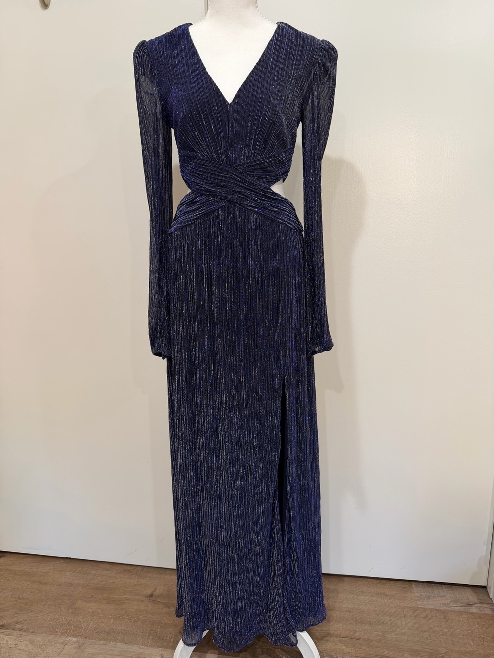 Aqua Navy Metallic Long Sleeve Maxi Dress